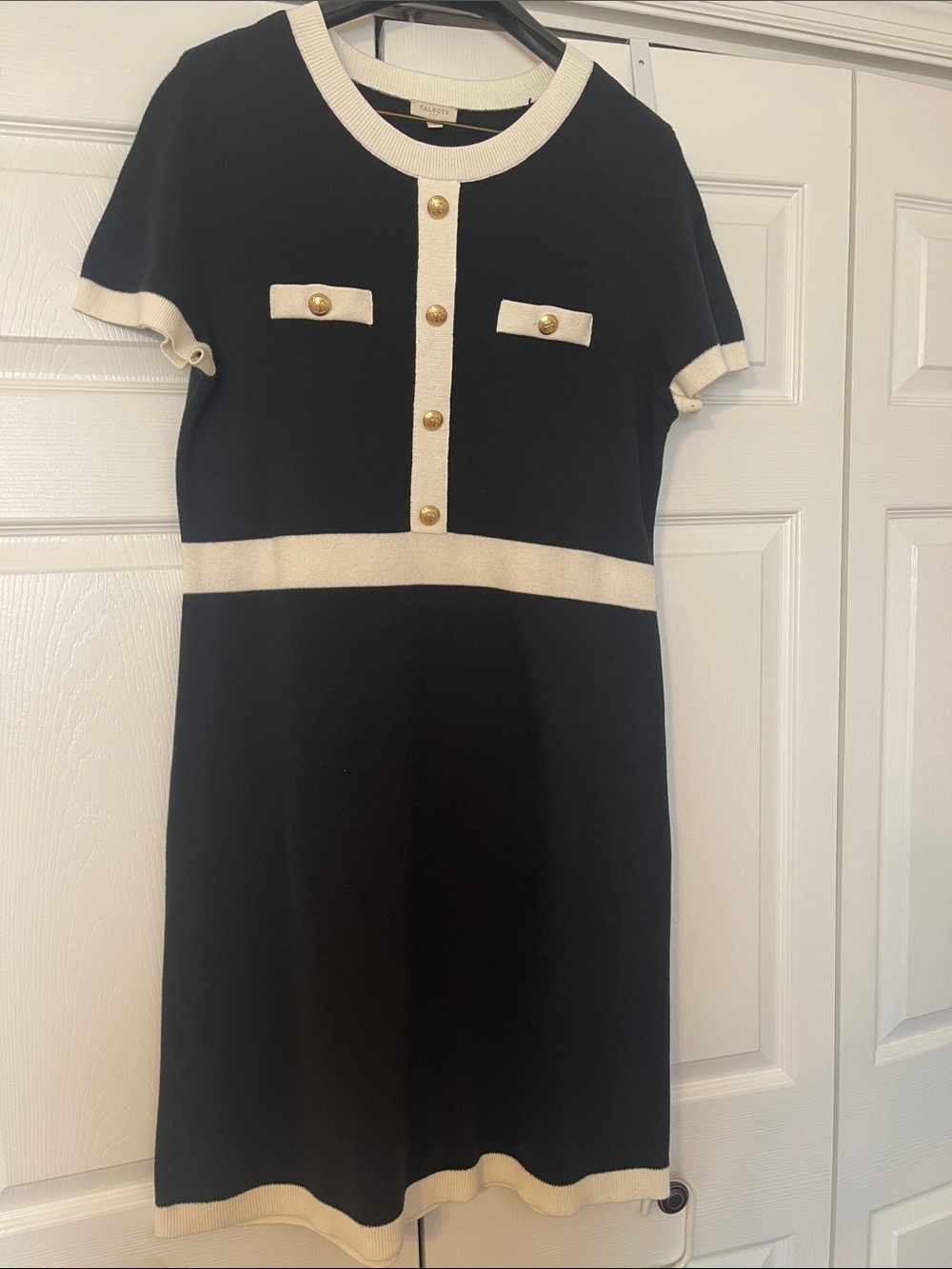 Talbots Black and Cream Knit Mini Dress with Gold Buttons